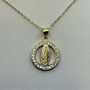 Sterling Silver Gold Plated Cubic Zirconia Virgin Mary Pendant Necklace 16–19”